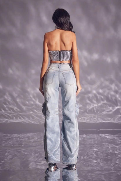 Unybwonn Sexy Pearl Sparkly Jeans for Women Cutout Bedazzled Elastic Baggy Cargo Denim Pants with Flap Pockets Blue