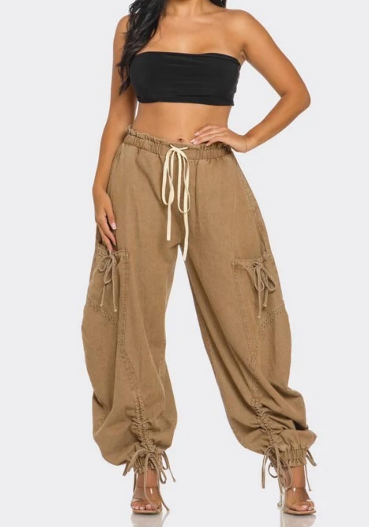 Unybwonn Women Baggy Barrel Jeans High Waisted Y2k Drawstring Bow Tie Cargo Jean Retro Wide Leg Ankle Denim Joggers