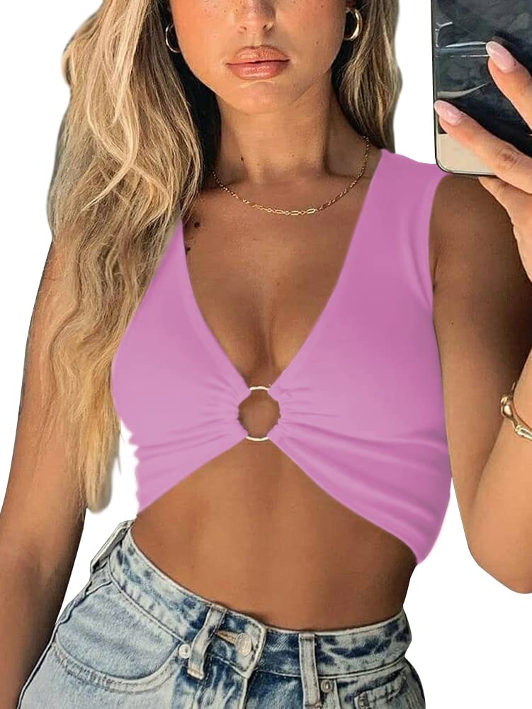 AEVZIV Sexy Crop Tops for Women Sleeveless Deep V Neck Workout Tops Plunge Ring Cleavage Cropped Tank Top Black M
