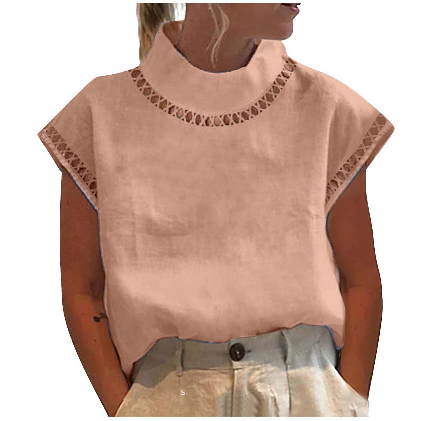 Summer Outfits for Women 2024 Cotton Linen Tops for Women 2024 Casual Cap Sleeve Summer Shirts Loose High Neck Tshirt Dressy Casual Blouses Womens Summer Blouses 2024 Gray M