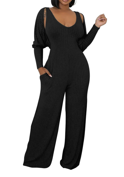 Vakkest Sexy Ribbed Knitted 2 Piece Jumpsuit Outfits for Women Long Sleeve Crop Cardigan Sweater Wide Leg Tank Romper Set