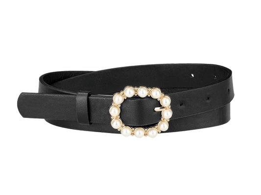 Allegra K Womens Pearl Waistband Skinny Leather Adjustable Pin Buckle Belt for Jeans Dresses Pants 75-90cm/29.53"-35.43" Black