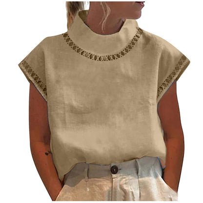 Summer Outfits for Women 2024 Cotton Linen Tops for Women 2024 Casual Cap Sleeve Summer Shirts Loose High Neck Tshirt Dressy Casual Blouses Womens Summer Blouses 2024 Gray M