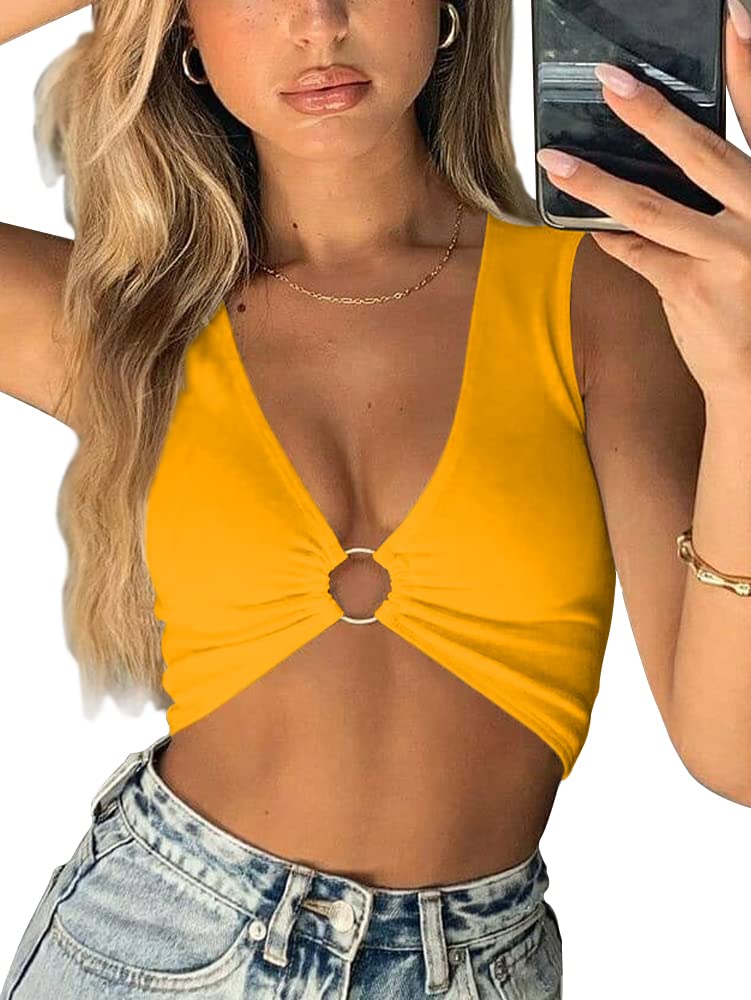 AEVZIV Sexy Crop Tops for Women Sleeveless Deep V Neck Workout Tops Plunge Ring Cleavage Cropped Tank Top Black M