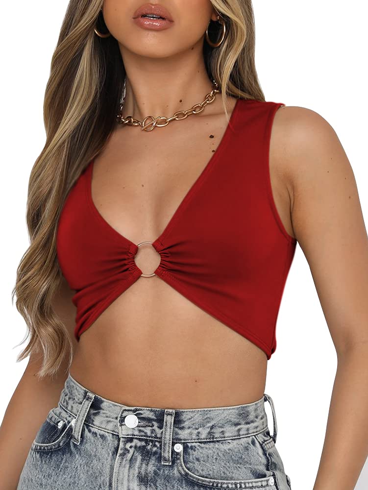 AEVZIV Sexy Crop Tops for Women Sleeveless Deep V Neck Workout Tops Plunge Ring Cleavage Cropped Tank Top Black M