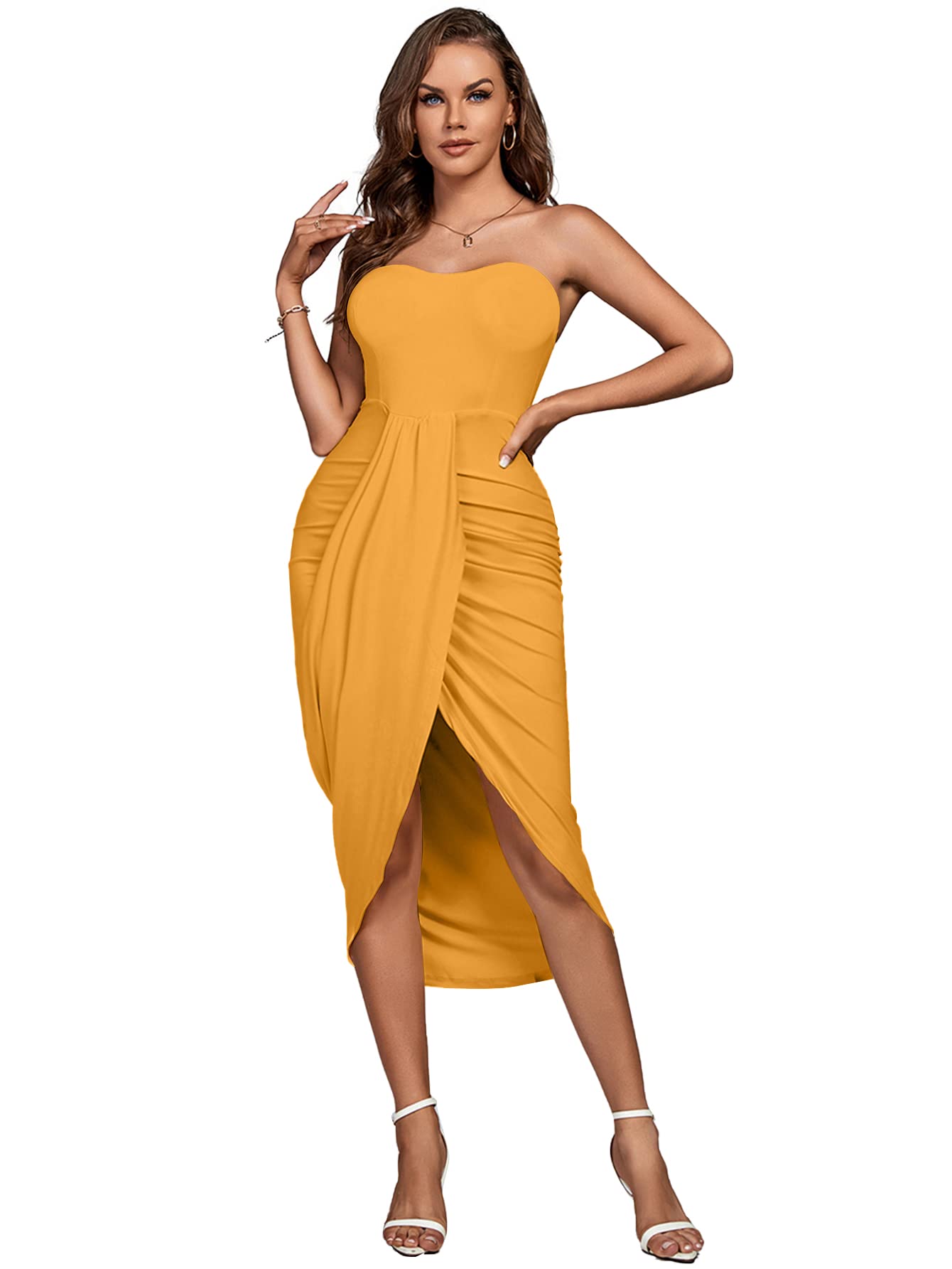 Umenlele Women's Strapless Ruched High Waist Wrap Split Asymmetrical Beach Maxi Long Dress White Floral#3 Small