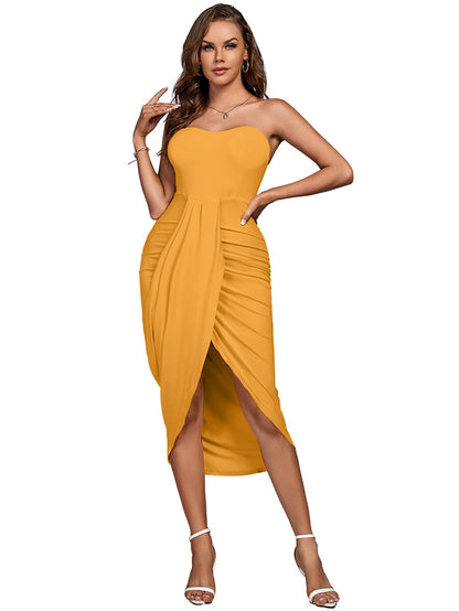 Umenlele Women's Strapless Ruched High Waist Wrap Split Asymmetrical Beach Maxi Long Dress White Floral#3 Small