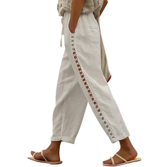 Puimentiua Women's Linen Capri Pants with Drawstring Petite Summer Beachwear Lightweight Elastic Waist Pants, Light Khaki, L