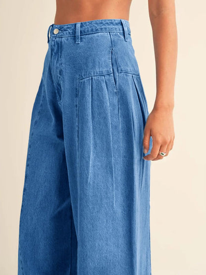 PLNOTME Womens Baggy High Waisted Jeans Loose Boyfriend Wide Leg Side Pleated Denim Pants Blue