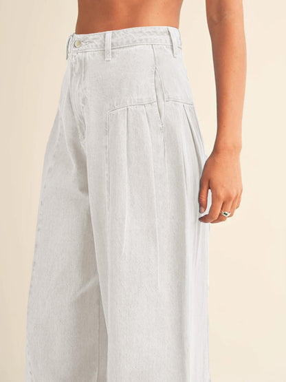 PLNOTME Womens Baggy High Waisted Jeans Loose Boyfriend Wide Leg Side Pleated Denim Pants Blue