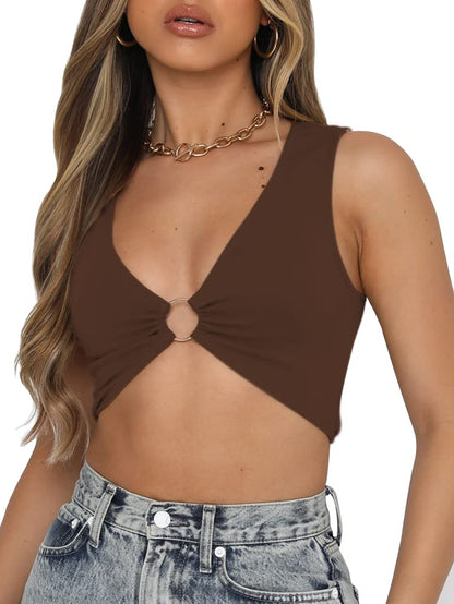AEVZIV Sexy Crop Tops for Women Sleeveless Deep V Neck Workout Tops Plunge Ring Cleavage Cropped Tank Top Black M
