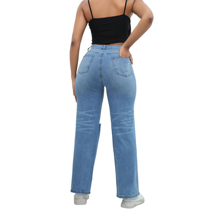 THUNDER STAR Womens High Waisted Wide Leg Jeans Stretchy Distressed Denim Pants Light Blue XXL
