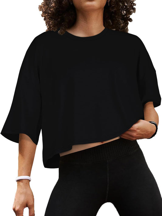 Summer Crop Tops for Womens Casual Half Sleeve Top Loose Fit Short Sleeve T Shirts Workout Oversized Tees(Black,M)