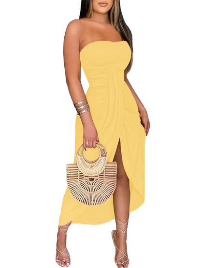 Umenlele Women's Strapless Ruched High Waist Wrap Split Asymmetrical Beach Maxi Long Dress White Floral#3 Small