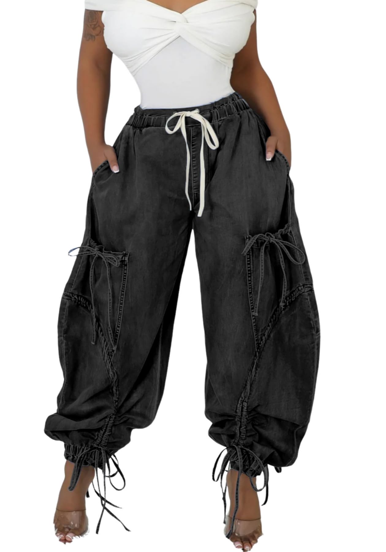 Unybwonn Women Baggy Barrel Jeans High Waisted Y2k Drawstring Bow Tie Cargo Jean Retro Wide Leg Ankle Denim Joggers