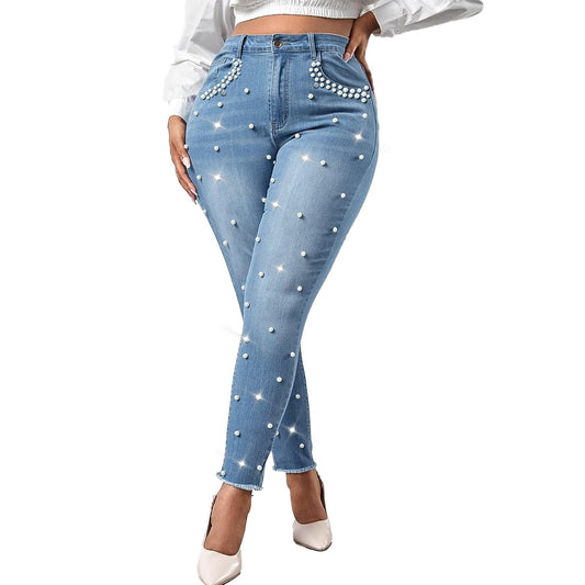 Cyparel Women's Rhinestone Jeans High Waist Pearls Beaded Fringe Tassels Frayed Butt Lifting Stretch Skinny Denim Pants Light Blue