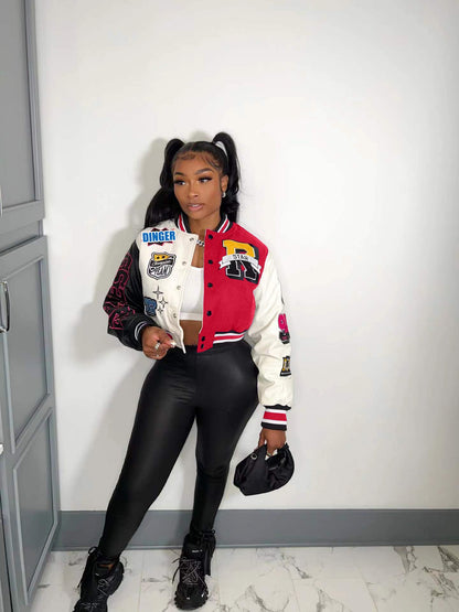 Glitrandi Varsity Jacket for Women Jacket with Patches Cropped Bomber Leather Jacket Woman Winter Spring 2025 S-XXL