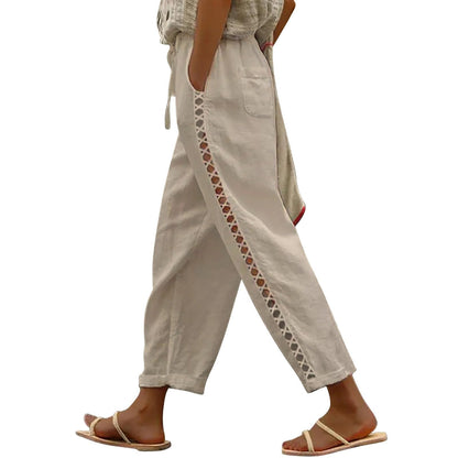 Puimentiua Women's Linen Capri Pants with Drawstring Petite Summer Beachwear Lightweight Elastic Waist Pants, Light Khaki, L