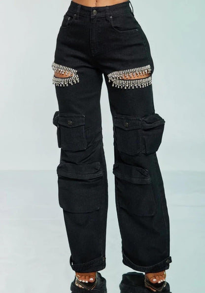 Unybwonn Sexy Pearl Sparkly Jeans for Women Cutout Bedazzled Elastic Baggy Cargo Denim Pants with Flap Pockets Blue