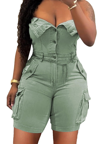 Unybwonn Women's Sexy off Shoulder Tube Denim Cargo Jumpsuits Corset Y2k Jean Shorts Rompers Overalls