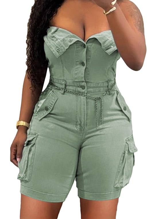 Unybwonn Women's Sexy off Shoulder Tube Denim Cargo Jumpsuits Corset Y2k Jean Shorts Rompers Overalls
