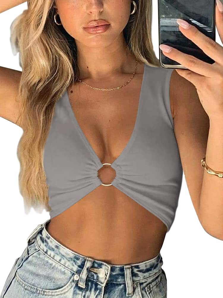 AEVZIV Sexy Crop Tops for Women Sleeveless Deep V Neck Workout Tops Plunge Ring Cleavage Cropped Tank Top Black M