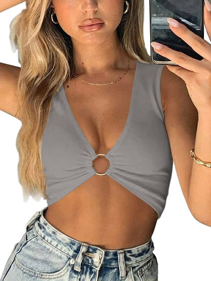 AEVZIV Sexy Crop Tops for Women Sleeveless Deep V Neck Workout Tops Plunge Ring Cleavage Cropped Tank Top Black M