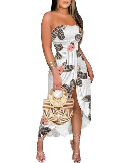 Umenlele Women's Strapless Ruched High Waist Wrap Split Asymmetrical Beach Maxi Long Dress White Floral#3 Small
