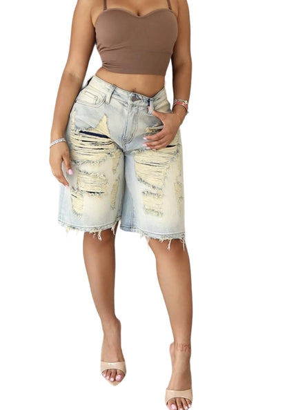 Women's Jean Shorts Distressed High Waist Straight Leg Denim Shorts Casual Cargo Jean Shorts with Pockets