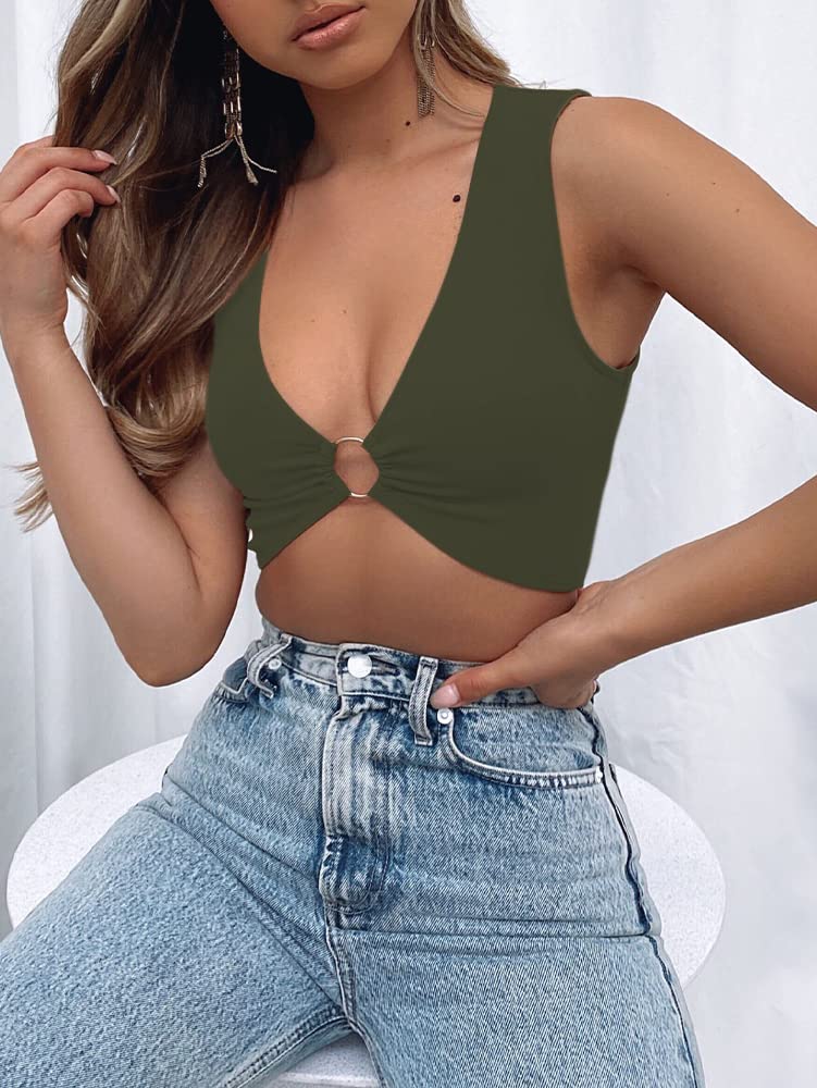 AEVZIV Sexy Crop Tops for Women Sleeveless Deep V Neck Workout Tops Plunge Ring Cleavage Cropped Tank Top Black M
