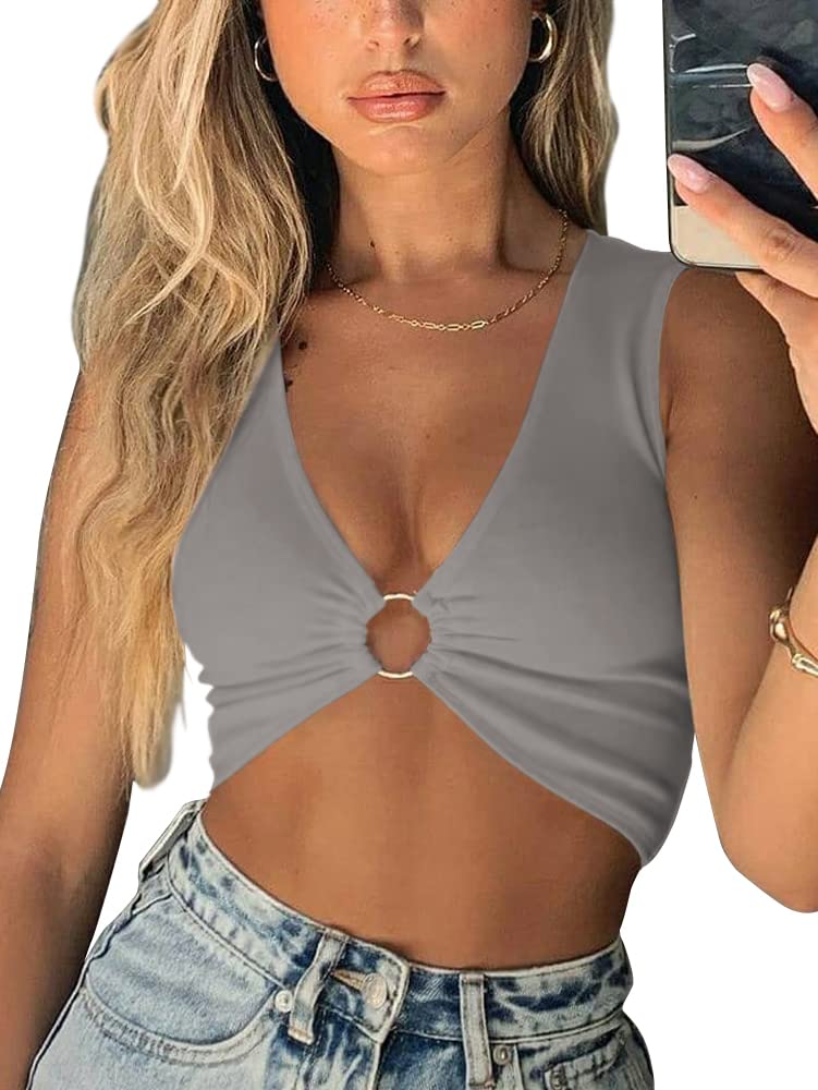 AEVZIV Sexy Crop Tops for Women Sleeveless Deep V Neck Workout Tops Plunge Ring Cleavage Cropped Tank Top Black M