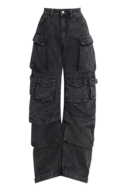 LKOUS Women's Y2K Baggy Straight Wide Leg Cargo Jeans, Streetwear High Waisted Denim Pant Grey