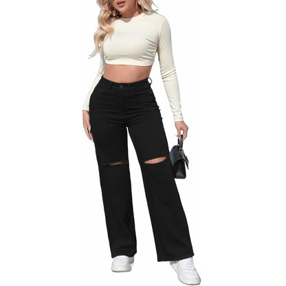 THUNDER STAR Womens High Waisted Wide Leg Jeans Stretchy Distressed Denim Pants Light Blue XXL