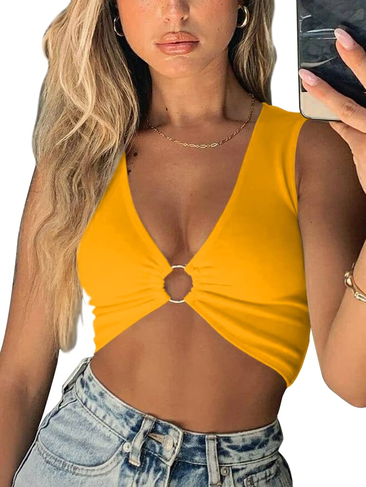 AEVZIV Sexy Crop Tops for Women Sleeveless Deep V Neck Workout Tops Plunge Ring Cleavage Cropped Tank Top Black M