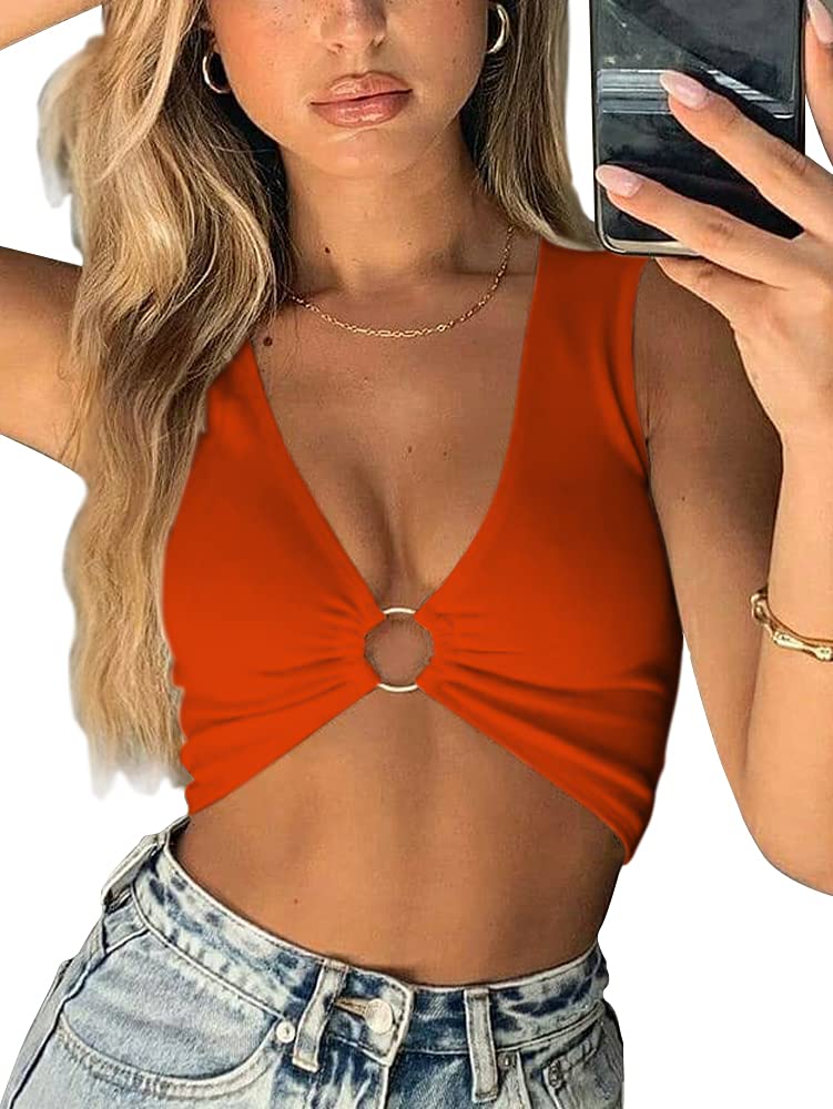 AEVZIV Sexy Crop Tops for Women Sleeveless Deep V Neck Workout Tops Plunge Ring Cleavage Cropped Tank Top Black M