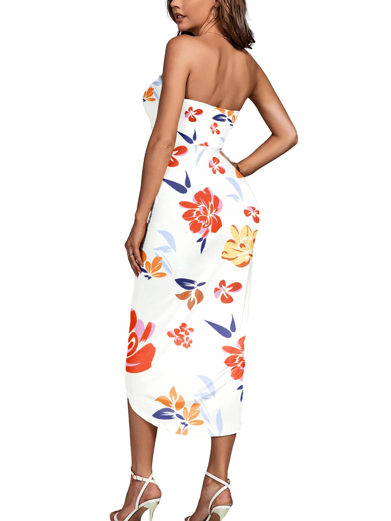 Umenlele Women's Strapless Ruched High Waist Wrap Split Asymmetrical Beach Maxi Long Dress White Floral#3 Small