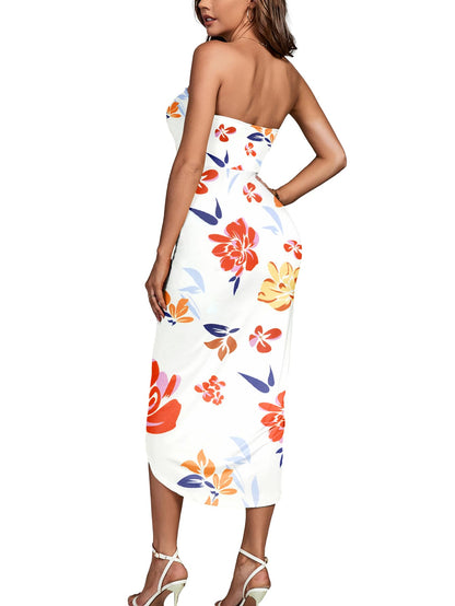 Umenlele Women's Strapless Ruched High Waist Wrap Split Asymmetrical Beach Maxi Long Dress White Floral#3 Small