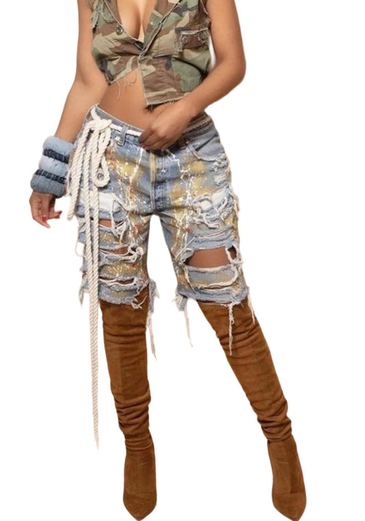 Women's Jean Shorts Distressed High Waist Straight Leg Denim Shorts Casual Cargo Jean Shorts with Pockets