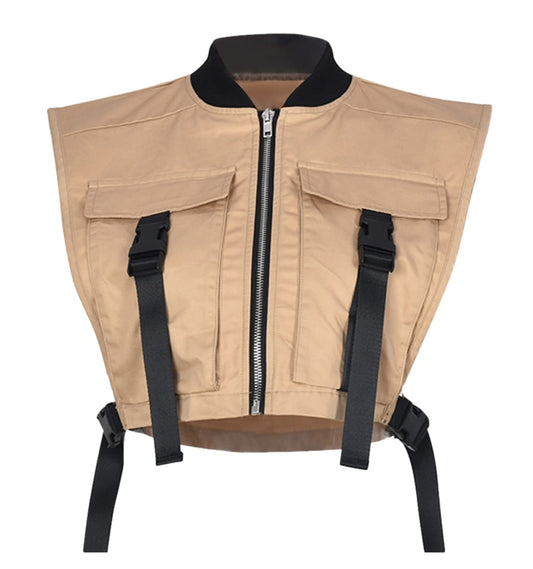 Bnigung Women's Sexy Crop Cargo Vest Sleeveless Buckle Zip Up Vest Jacket Tops Steampunk Streetwear with Pockets(Khaki,XL)