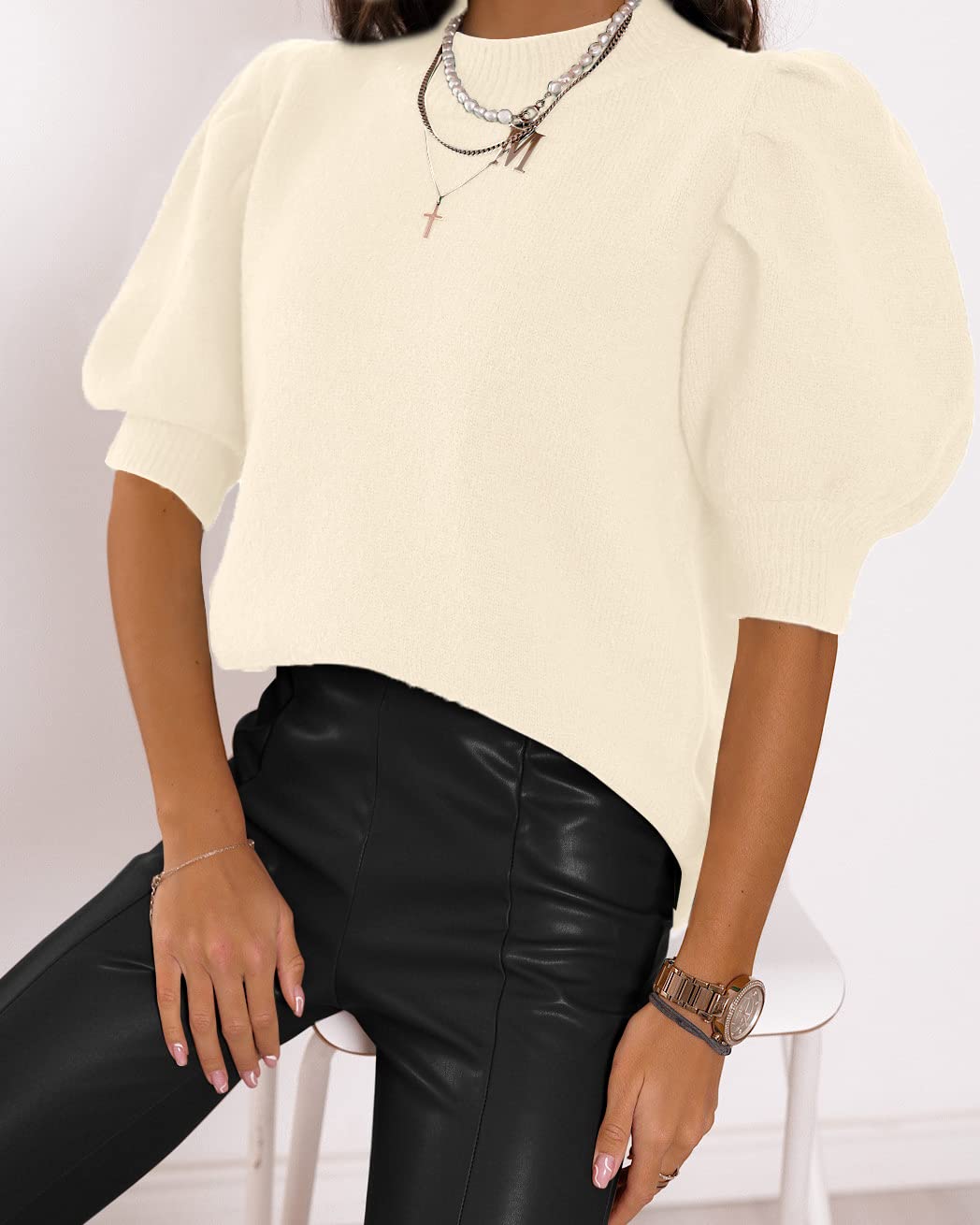 Women's Puff Short Sleeve Sweater Tops 2025 Spring Summer Trendy Crew Neck Casual T Shirts Blouses Beige