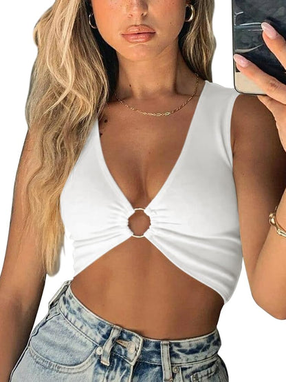 AEVZIV Sexy Crop Tops for Women Sleeveless Deep V Neck Workout Tops Plunge Ring Cleavage Cropped Tank Top Black M