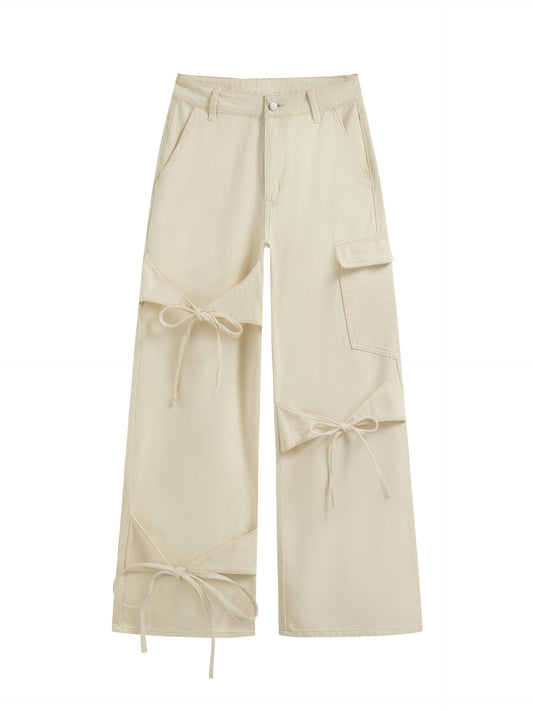 CIDER Baggy Jeans for Women Low Waisted Wide Straight Leg Bow Jeans Denim Pants Beige