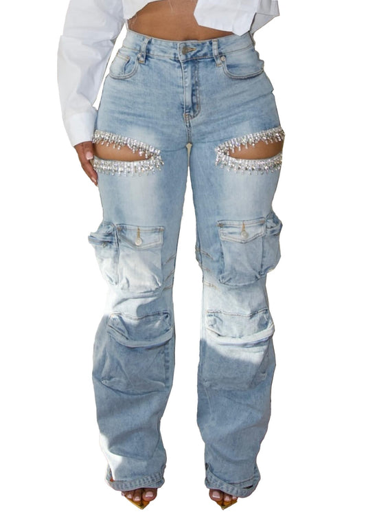 Unybwonn Sexy Pearl Sparkly Jeans for Women Cutout Bedazzled Elastic Baggy Cargo Denim Pants with Flap Pockets Blue