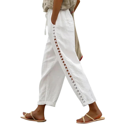 Puimentiua Women's Linen Capri Pants with Drawstring Petite Summer Beachwear Lightweight Elastic Waist Pants, Light Khaki, L