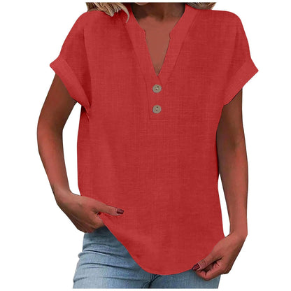 Big Spring Deals Summer Tops for Women 2025 Trendy Short Sleeve Cotton Linen Shirt Casual Button v Neck Tunic Blouses Outfits White Travel Shirts for Women M
