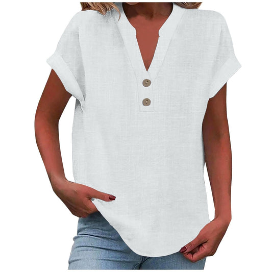 Big Spring Deals Summer Tops for Women 2025 Trendy Short Sleeve Cotton Linen Shirt Casual Button v Neck Tunic Blouses Outfits White Travel Shirts for Women M