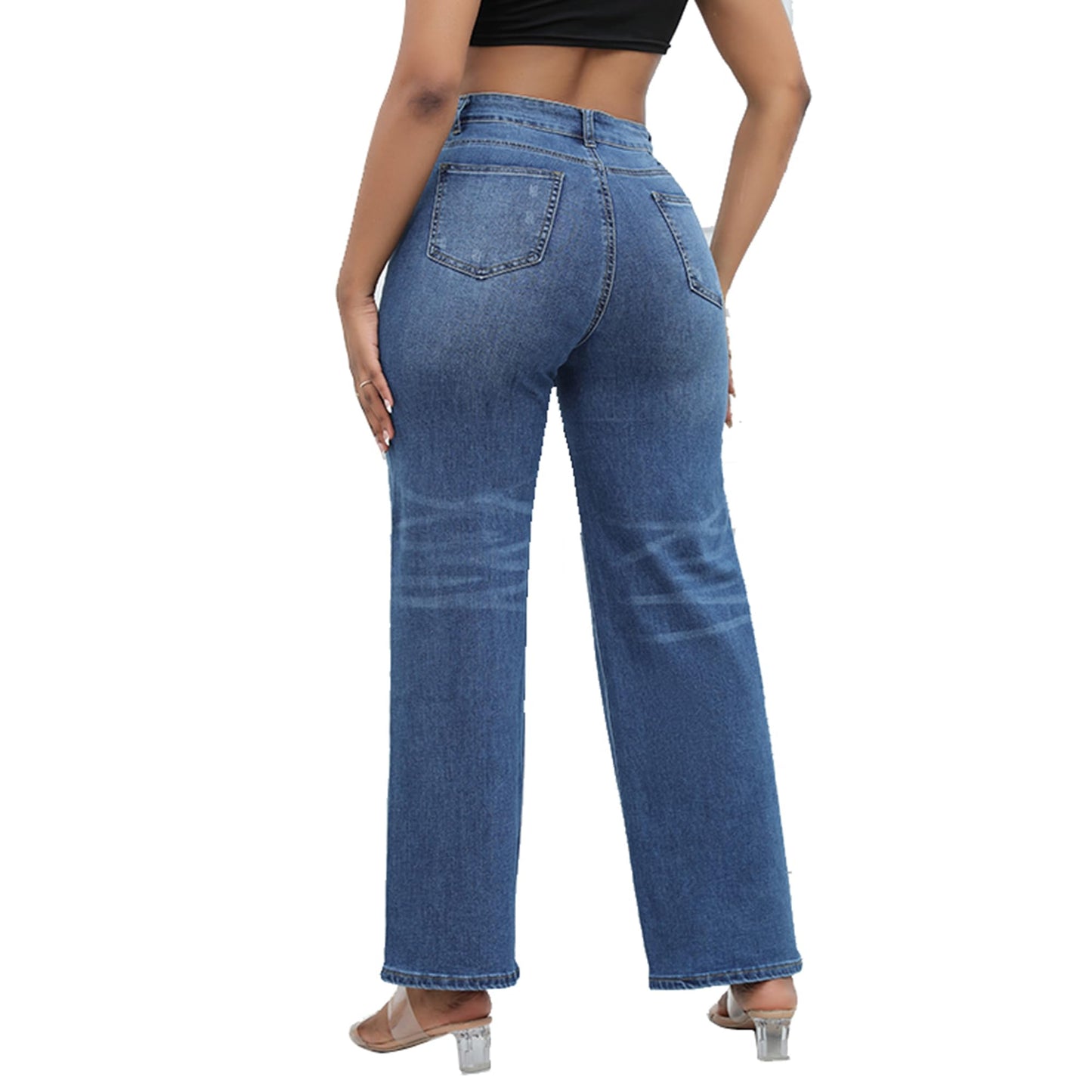THUNDER STAR Womens High Waisted Wide Leg Jeans Stretchy Distressed Denim Pants Light Blue XXL