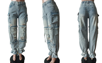 LKOUS Women's Y2K Baggy Straight Wide Leg Cargo Jeans, Streetwear High Waisted Denim Pant Grey