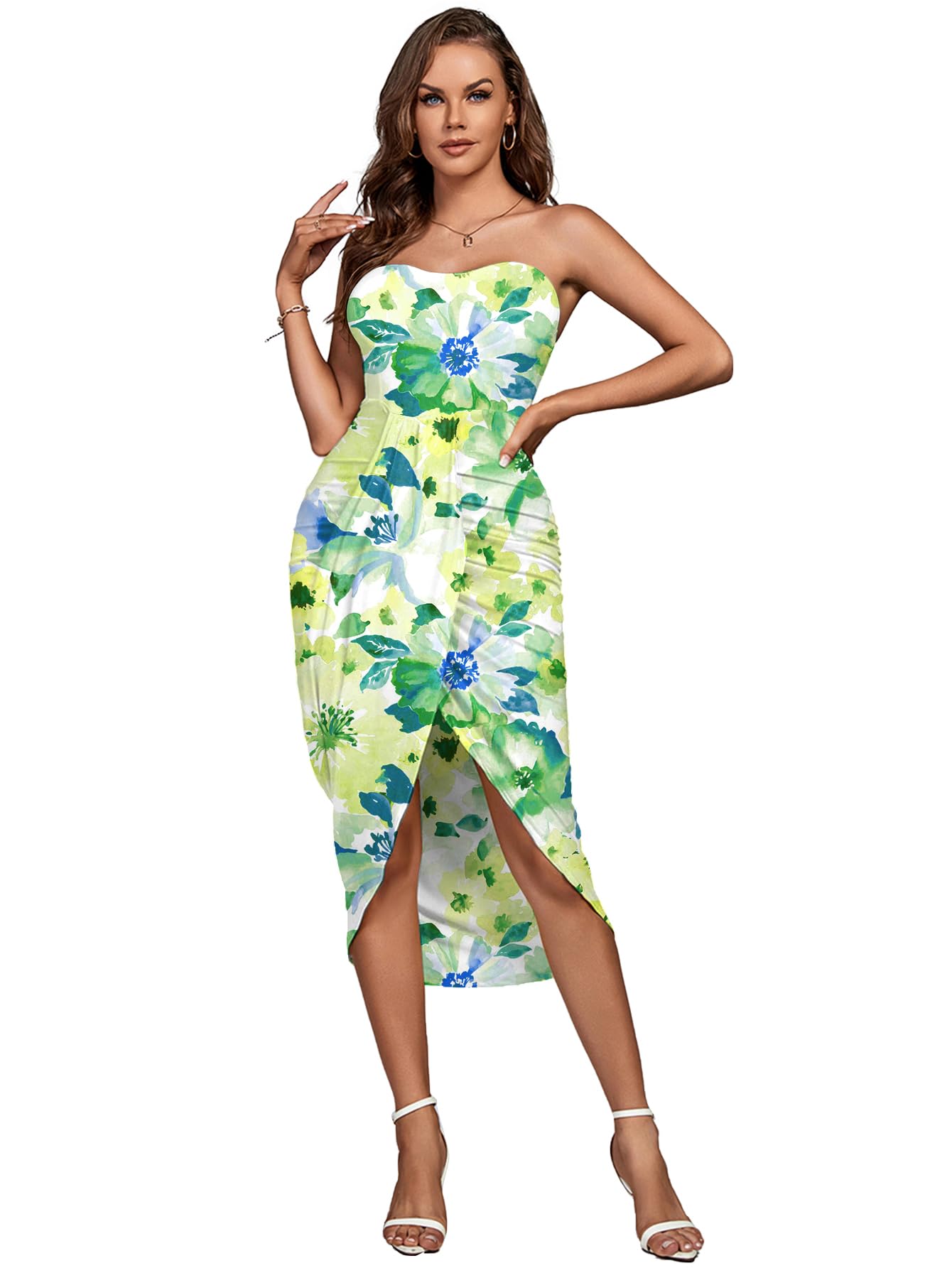 Umenlele Women's Strapless Ruched High Waist Wrap Split Asymmetrical Beach Maxi Long Dress White Floral#3 Small