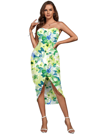 Umenlele Women's Strapless Ruched High Waist Wrap Split Asymmetrical Beach Maxi Long Dress White Floral#3 Small
